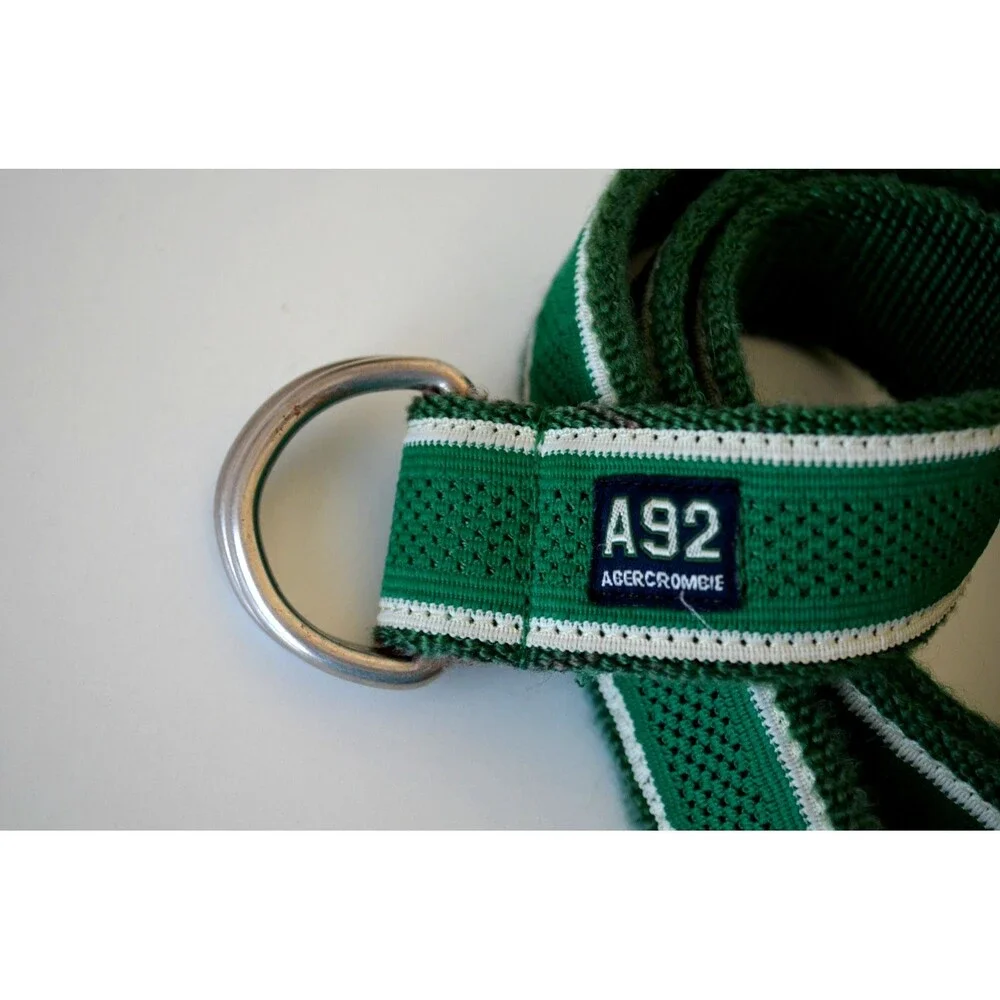 Y2K Abercrombie A92 Belt Canvas Cotton Web Kelly Green White  D-Ring Adjustable